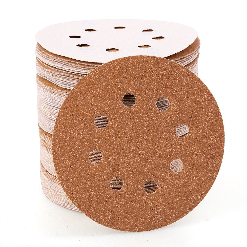 Sanding Disc 60 80 120 150 240 Grit Sandpaper Assortment - 5-Inch 8-Hole Hook and Loop Random Orbital Sander Round Paper by LotFancy, Pack of 100