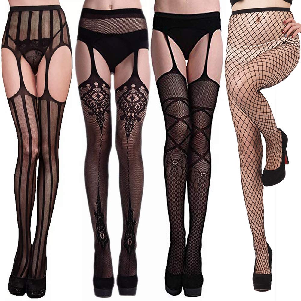 LotFancy 4 Pairs Women Suspender Pantyhose, Thigh High Garter Belt Fishnet Tights Stockings, Sexy Black Lace Tights