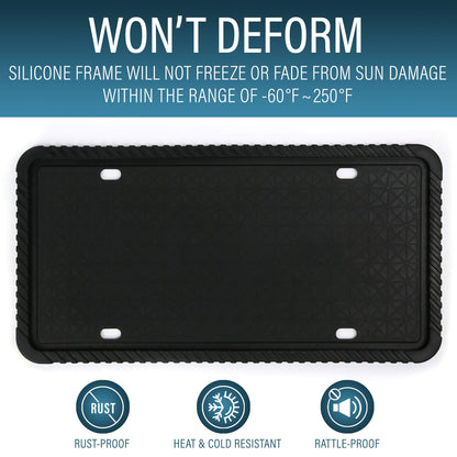 LotFancy Silicone License Plate Holder, 2PCS License Plate Frames with Mounting Accessories, Universal American Car Plate Cover, Black, Rust-Proof, Weather-Proof and Rattle-Proof