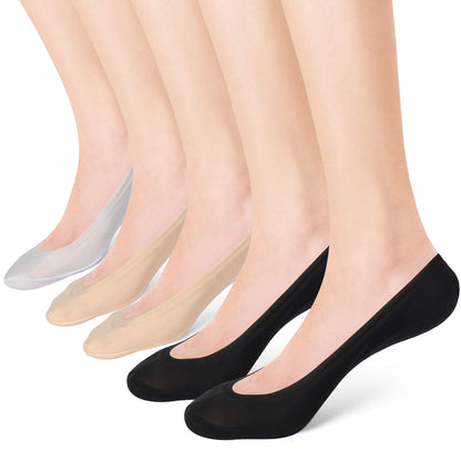 5 Pairs Women No Show Socks Nylon Ultra Thin Size 6-10 US, Low Cut Liner Socks for Heels, Loafers, Flats, Boat Shoes, Non-Slip Invisible Hidden Socks