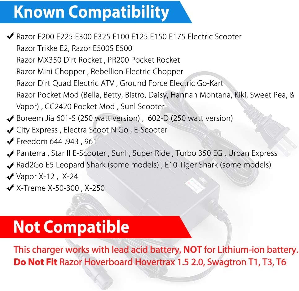 LotFancy 24V 2A Scooter Battery Charger, for Razor E300, E200, E100, E125, E150, PR200, E225S, E325S, E175, E500, CC2420 Electric Scooter, MX350 Dirt Bike, Pocket Mod, UL Listed, Fast Charge