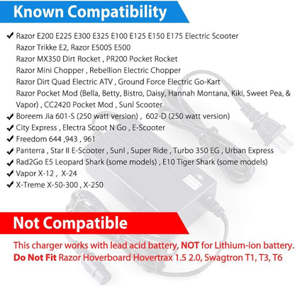 LotFancy 24V 2A Scooter Battery Charger, for Razor E300, E200, E100, E125, E150, PR200, E225S, E325S, E175, E500, CC2420 Electric Scooter, MX350 Dirt Bike, Pocket Mod, UL Listed, Fast Charge