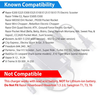 LotFancy 24V 2A Scooter Battery Charger for Razor MX350 Dirt Bike, E300, E200, E100, E125, E150, PR200, E175, E500, CC2420, Pocket Mod, UL Listed, Fast Charge