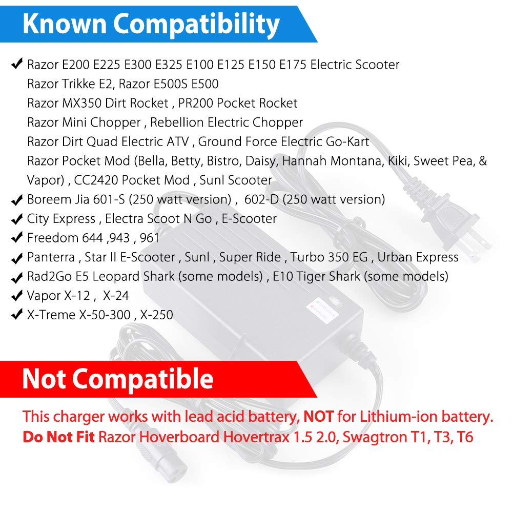 LotFancy 24V 2A Scooter Battery Charger, for Razor E300, E200, E100, E125, E150, PR200, E225S, E325S, E175, E500, CC2420 Electric Scooter, MX350 Dirt Bike, Pocket Mod, UL Listed, Fast Charge