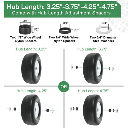 LotFancy 13x5.00-6 Flat Free Tire and Wheel, 3/4" & 5/8" Bushing, 3.25"-3.75”-4.25”-4.75” Centered Hub, Smooth Tread Front Solid Tire for Zero Turn Mowers