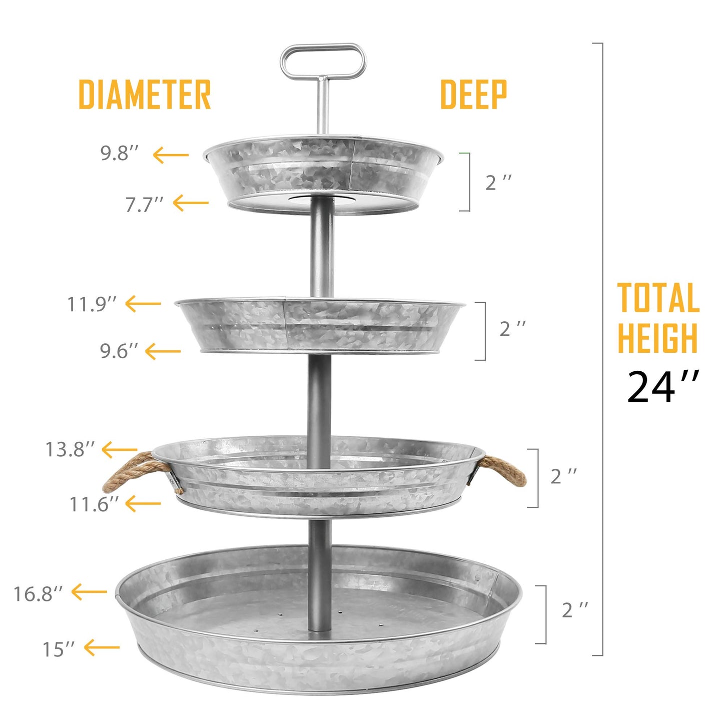 LotFancy 4 Tier Serving Tray, Galvanized Stand with Handles, Farmhouse Style Metal Tiered Tray, Rustic Home Décor for Cupcake, Kitchen, Bathroom, Indoor, Outdoor Party, Also as 3 Tier Serving Tray