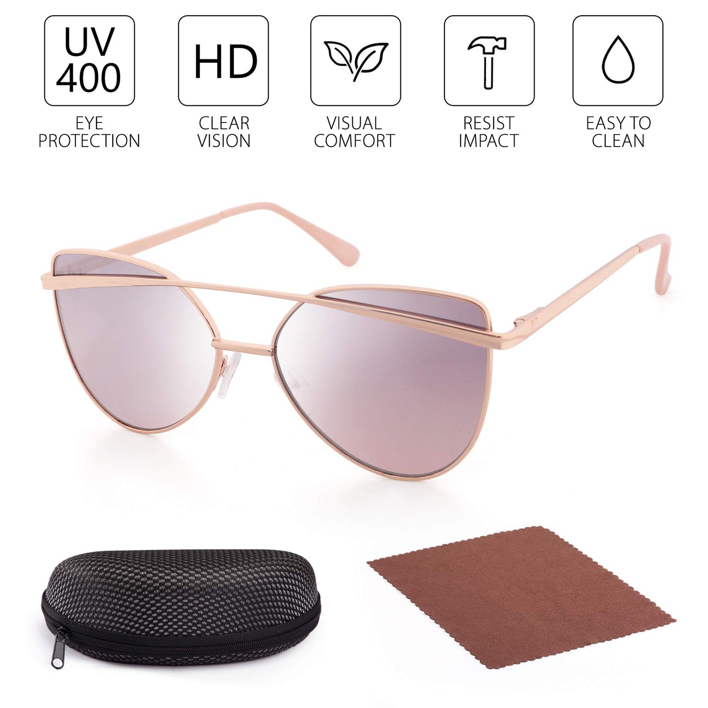 LotFancy Women Sunglasses, with Case, Vintage Cateye Sunglasses for Small Faces, Mirrored Lens, UV Protection