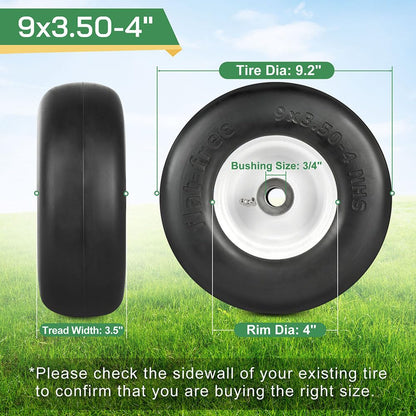 LotFancy 9x3.50-4” Flat Free Tire and Wheel, 2 PCS Lawn Mower Tire, 3/4" or 5/8" Bushings, 3.5"-4"-4.5"-5" Centered Hub, Smooth Tread Tire for Zero Turn Mowers