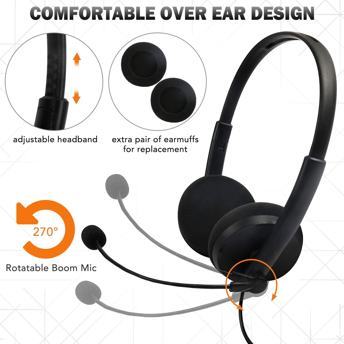 LotFancy USB Headset, Corded PC Headphone with Noise Cancelling Microphone, Connect to Mobile Phone/Computer/Laptop, for Work, Gaming, 3.5mm / USB