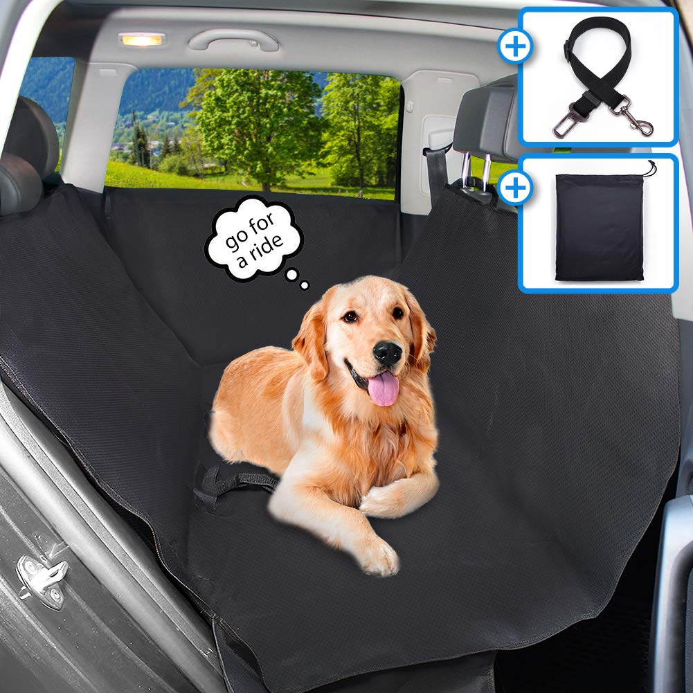 LotFancy Dog Seat Cover with Seat Belt, Pet Seat Covers with Side Flaps, 100% Waterproof Dog Back Seat Covers for Cars/Trucks/SUVs, Scratch Proof & Nonslip Black Car Seat Cover & Hammock