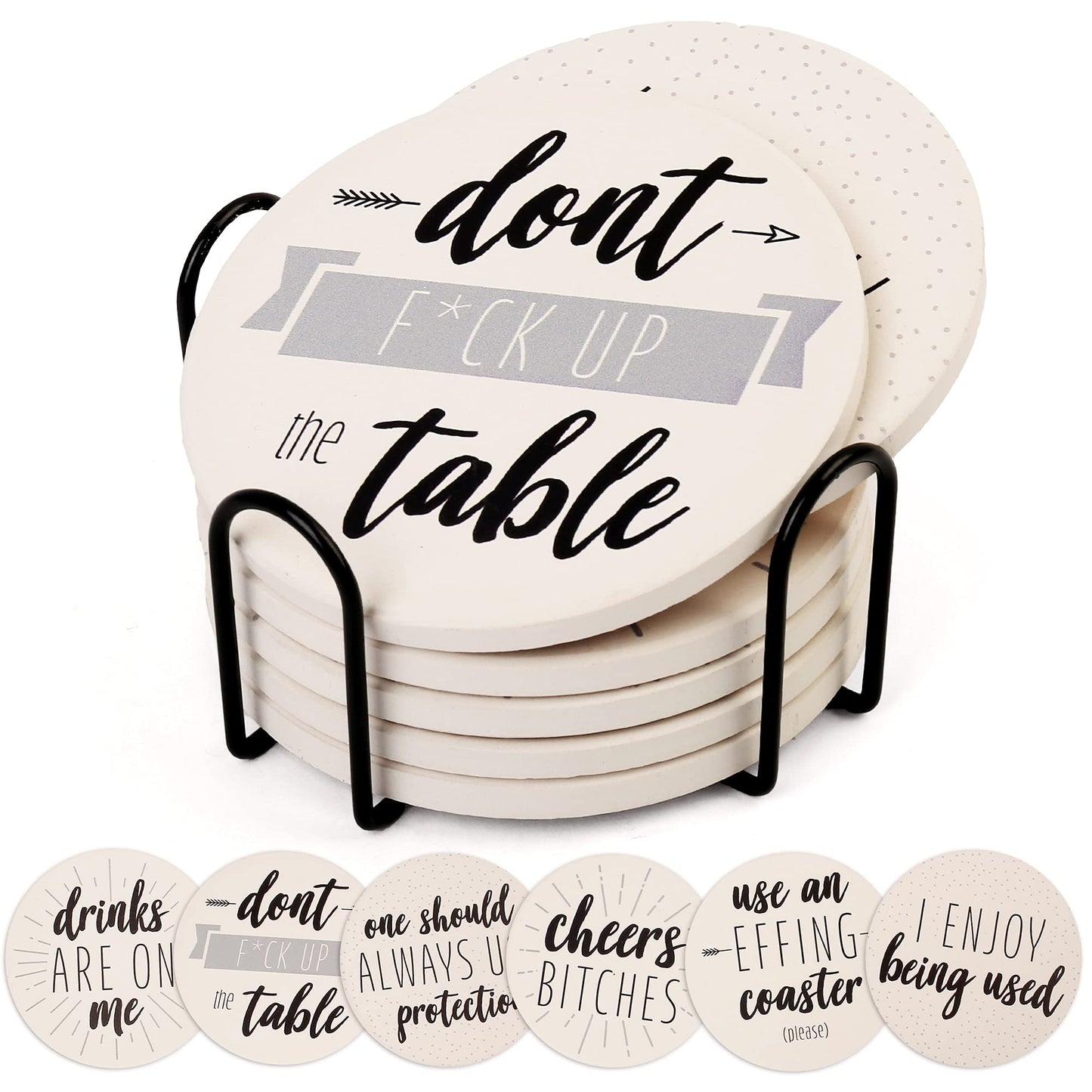 LotFancy Funny Coasters for Drinks Absorbent with Holder, 6PCS Ceramic Coasters with Cork Base