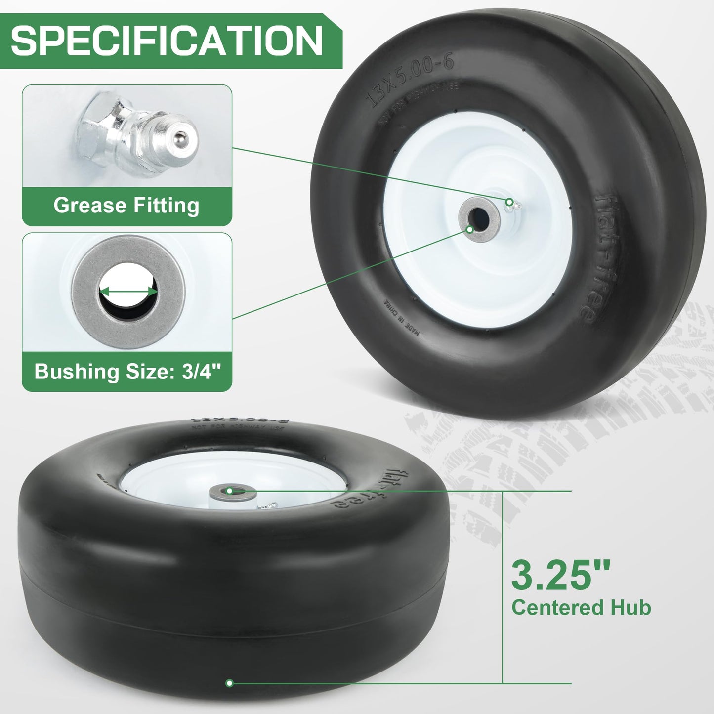 LotFancy 13x5.00-6 Flat Free Tire and Wheel, 3/4" & 5/8" Bushing, 3.25"-3.75”-4.25”-4.75” Centered Hub, Smooth Tread Front Solid Tire for Zero Turn Mowers