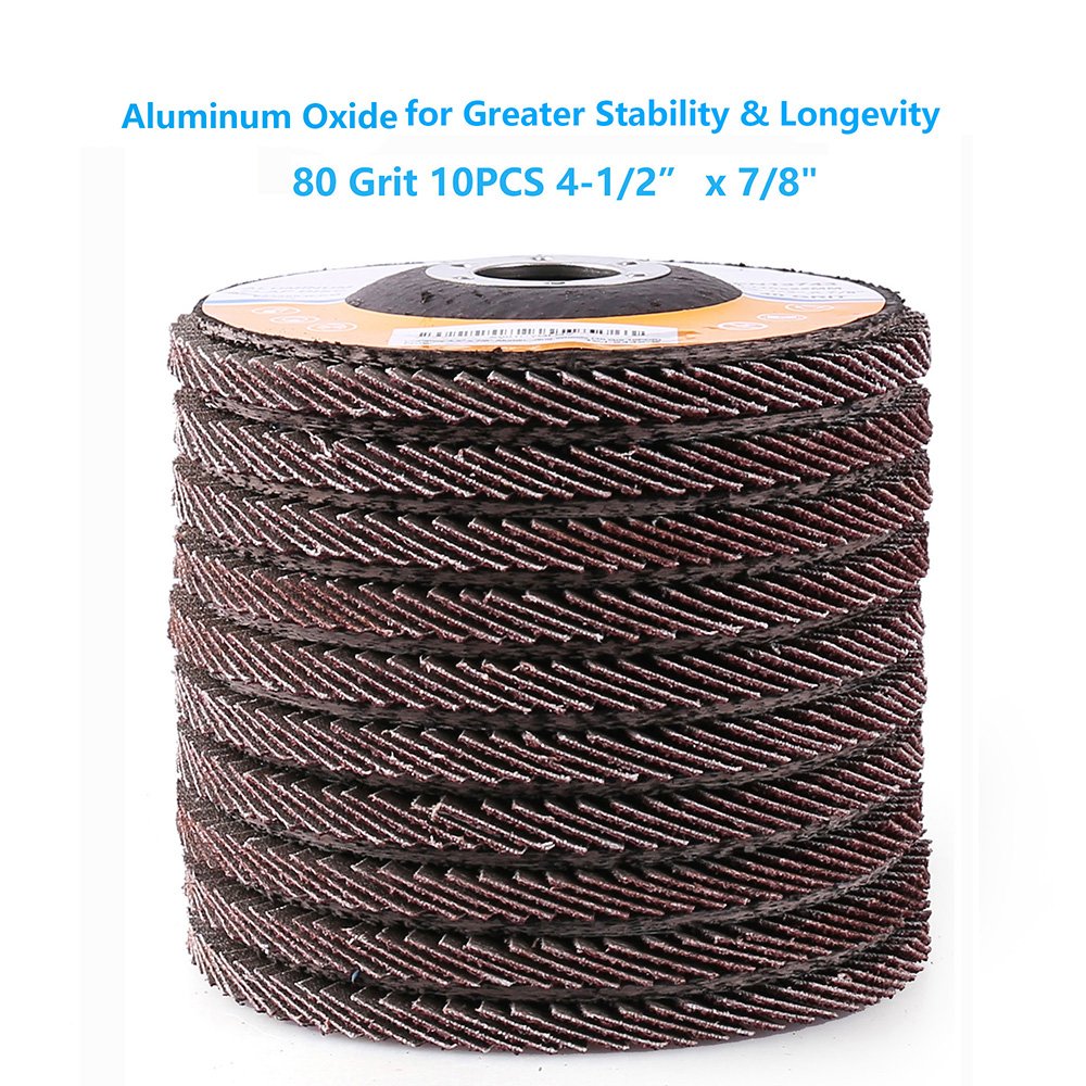 LotFancy Flap Discs 4 1/2 Inch, 80 Grit, 10PCS Sanding Grinding Wheels, for Angle Grinder, 4.5” x 7/8”, Aluminum Oxide Abrasive, Type #27