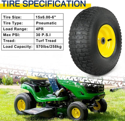 LotFancy 15x6.00-6 Lawn Mower Tires, 15x6-6 Front Tire Replacement for Craftsman/John Deere/Cub Cadet Riding Mowers, 4 Ply Pneumatic, 3" Centered hub, 3/4" Bushing