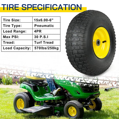 LotFancy 15x6.00-6 Lawn Mower Tires, 15x6-6 Front Tire Replacement for Craftsman/John Deere/Cub Cadet Riding Mowers, 4 Ply Pneumatic, 3" Centered hub, 3/4" Bushing