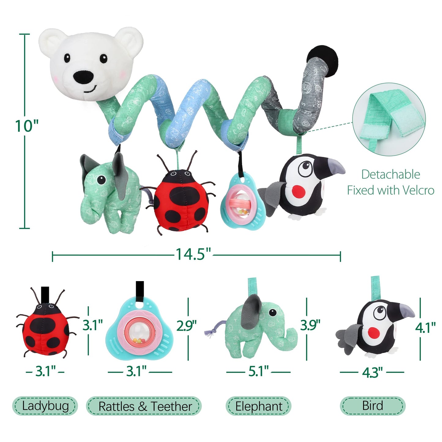 LotFancy Baby Car Seat Toys, Infant Hanging Stroller Toys for Carseat Crib Bar Bassinet, Newborn Activity Spiral Plush Toys with Music BB Squeaker Rattles for 0 3 6 9 12 Months
