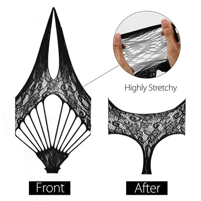 LotFancy Teddy Lingerie for Women, Lace One-Piece Honeymoon Lingerie, Stretchy for Plus Size, Deep V Halter, Black Women Bodysuit