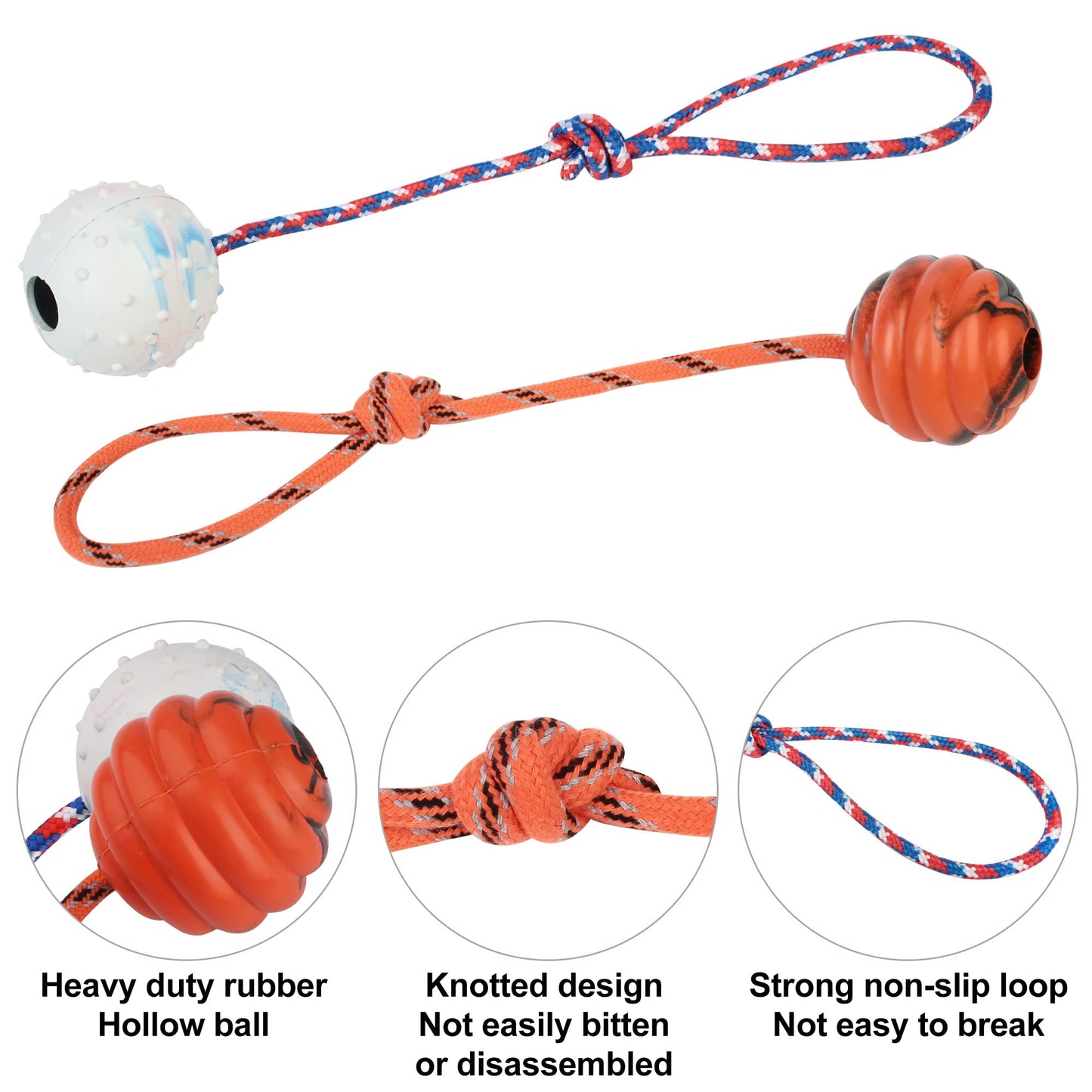 Prime Pets Dog Training Ball on Rope, 2 Pcs Solid Rubber Rope Ball, Tug Ball Toy for Medium and Small Dog, Tough Rope Toy, Non-Toxic and Durable Dog Toys