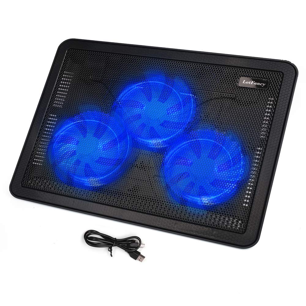 LotFancy Laptop Fan Cooling Pad, Notebook Cooler for 13”-17” Laptop, Lap Chill Mat with 3 LED Quiet Fans, 2 USB Ports, Adjustable Stand, Portable & Quiet for Gaming, Working