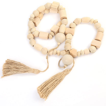 LotFancy Natural Wooden Bead Garland with Tassel, 60in / 5ft, Modern Farmhouse Boho Bead String for Décor, Various Shapes Design, for Home Wall Shelf Coffee Table
