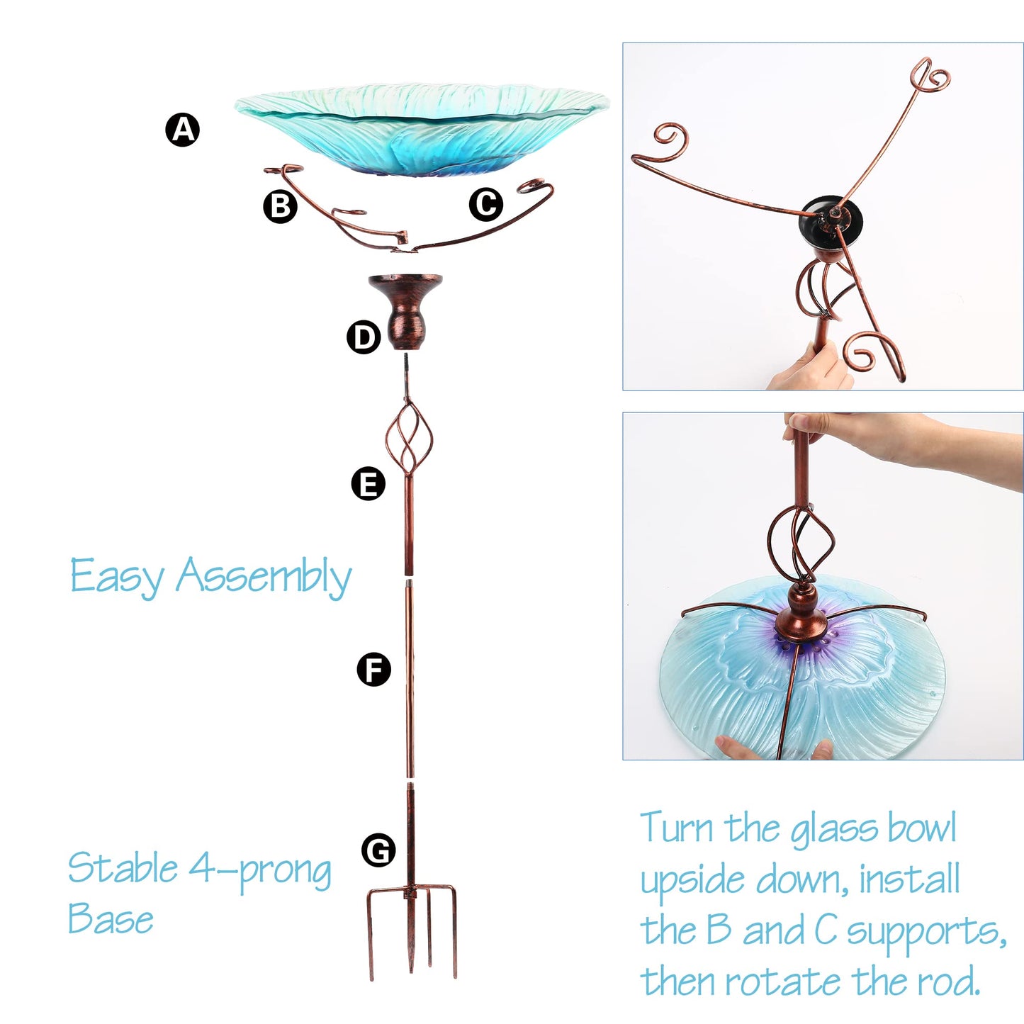 LotFancy Glass Bird Bath, 35” Height Birdbaths for Outdoor Garden Clearance, with Metal Stake, Blue Flower