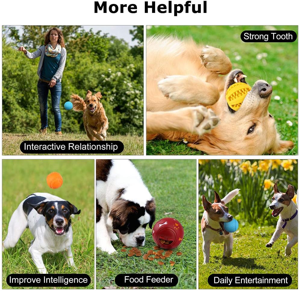 Prime Pets 4 Pack IQ Treat Ball, Fun Interactive Food Dispensing Dog Toys, Non-Toxic Natural Rubber Dog Puzzle Chew Toys, for Tooth Cleaning, Chewing, Playing