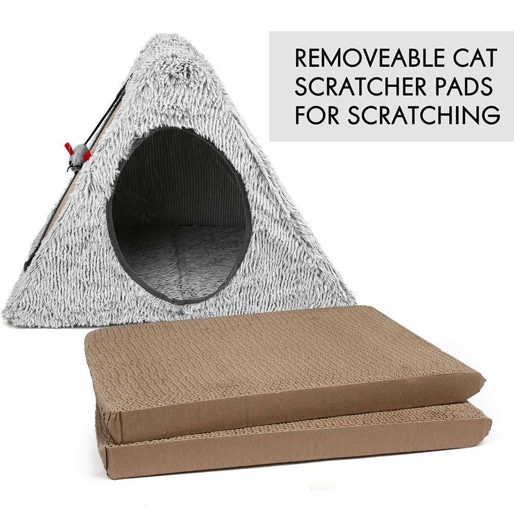 Cat Scratcher Cardboard House Condo, Removable Cat Scratcher Pads with Mouse Toy & Catnip, Reversible Panel Vertical Foldable Cat Scratching Lounger, Recycle Corrugated Board