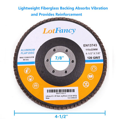 LotFancy Flap Disc 4 1/2 Inch, 10PCS, 120 Grit Grinding Sanding Wheels for Angle Grinder, Aluminum Oxide Abrasive, Type #27, 4.5 x 7/8in