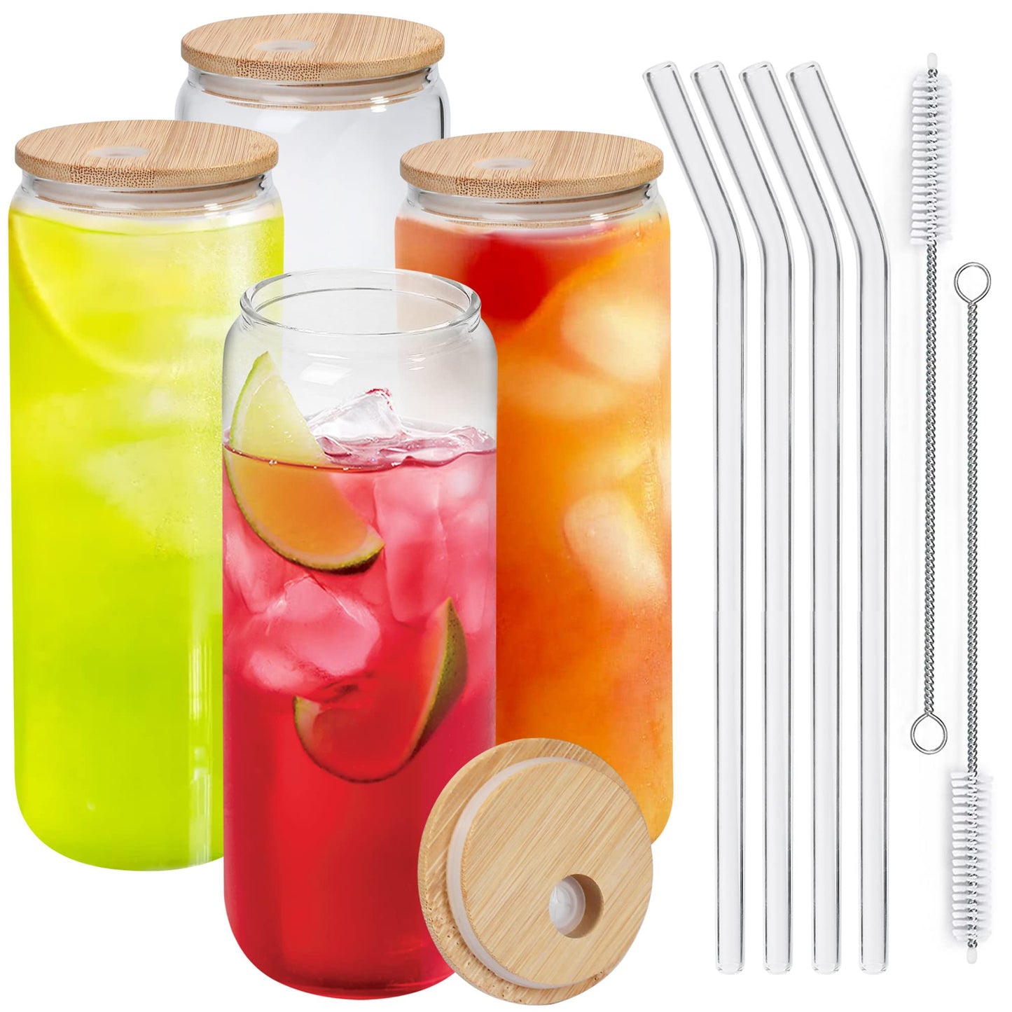 LotFancy Drinking Glasses with Bamboo Lids and Glass Straw, Beer Can Shaped Glass Cups, Beer Glasses, Iced Coffee Glasses for Cocktail, Whiskey, Boba Tea, Juice, Soda