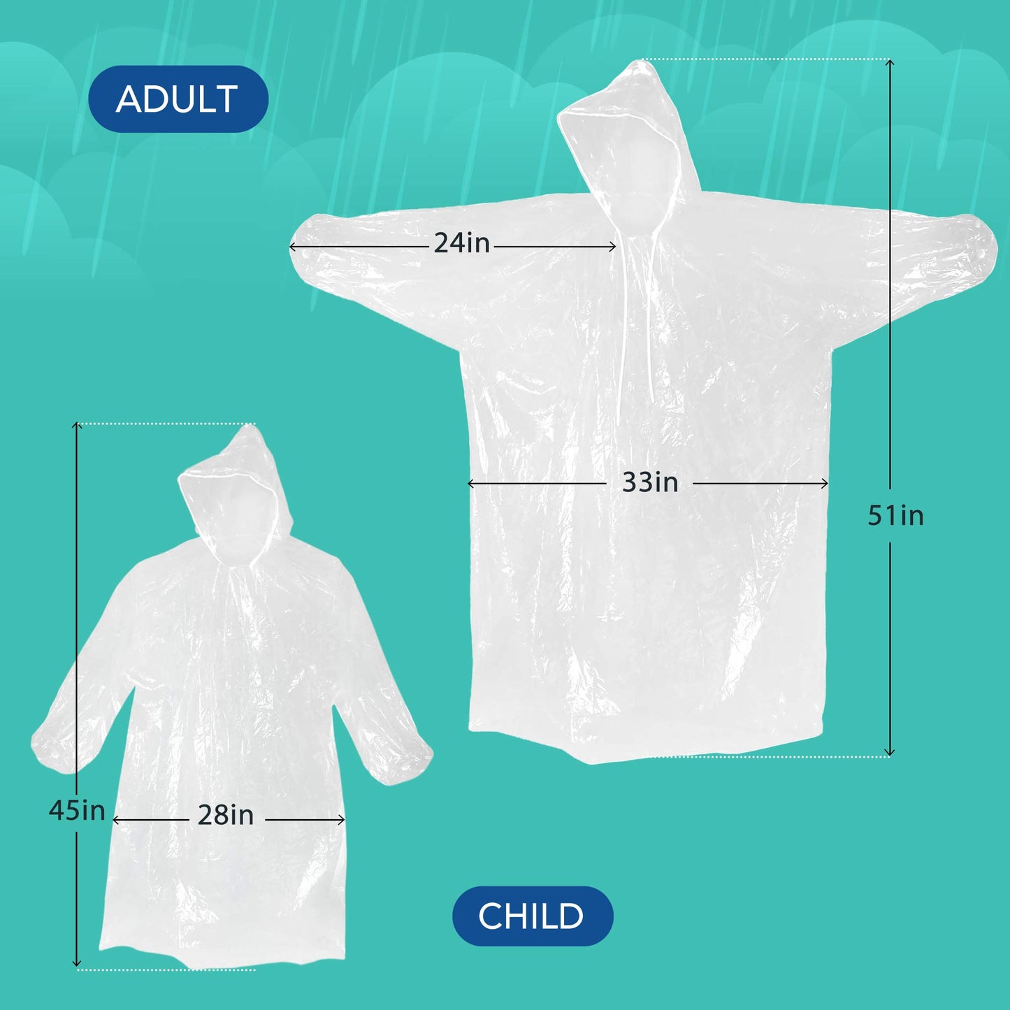 Rain Poncho for Adults and Kids, 5PCS Clear Raincoats with Drawstring Hood, Disposable Rain Coats for Women Men, Emergency Rain Gear for Travel Outdoors Hiking Camping, 3 for Adults and 2 for Kids