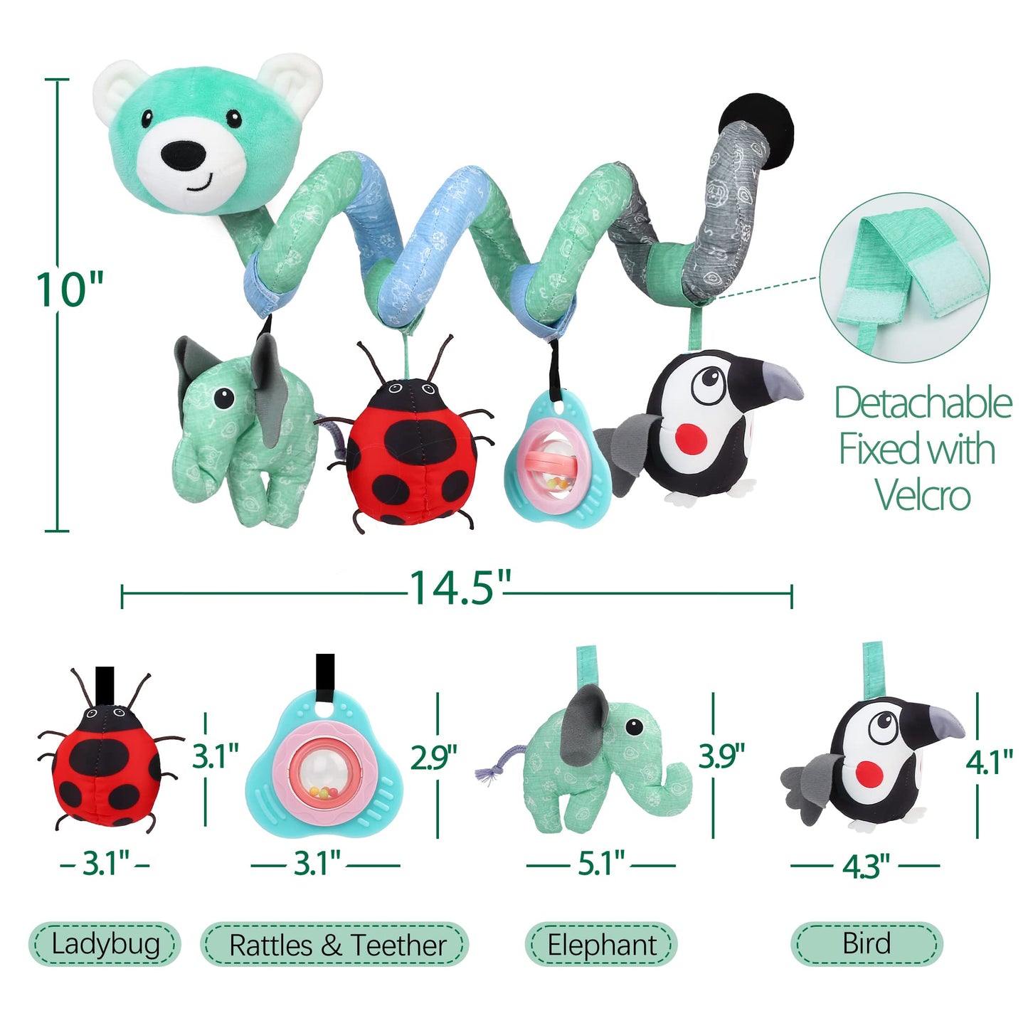 LotFancy Baby Car Seat Toys, Infant Hanging Stroller Toys for Carseat Crib Bar Bassinet, Newborn Activity Spiral Plush Toys with Music BB Squeaker Rattles for 0 3 6 9 12 Months