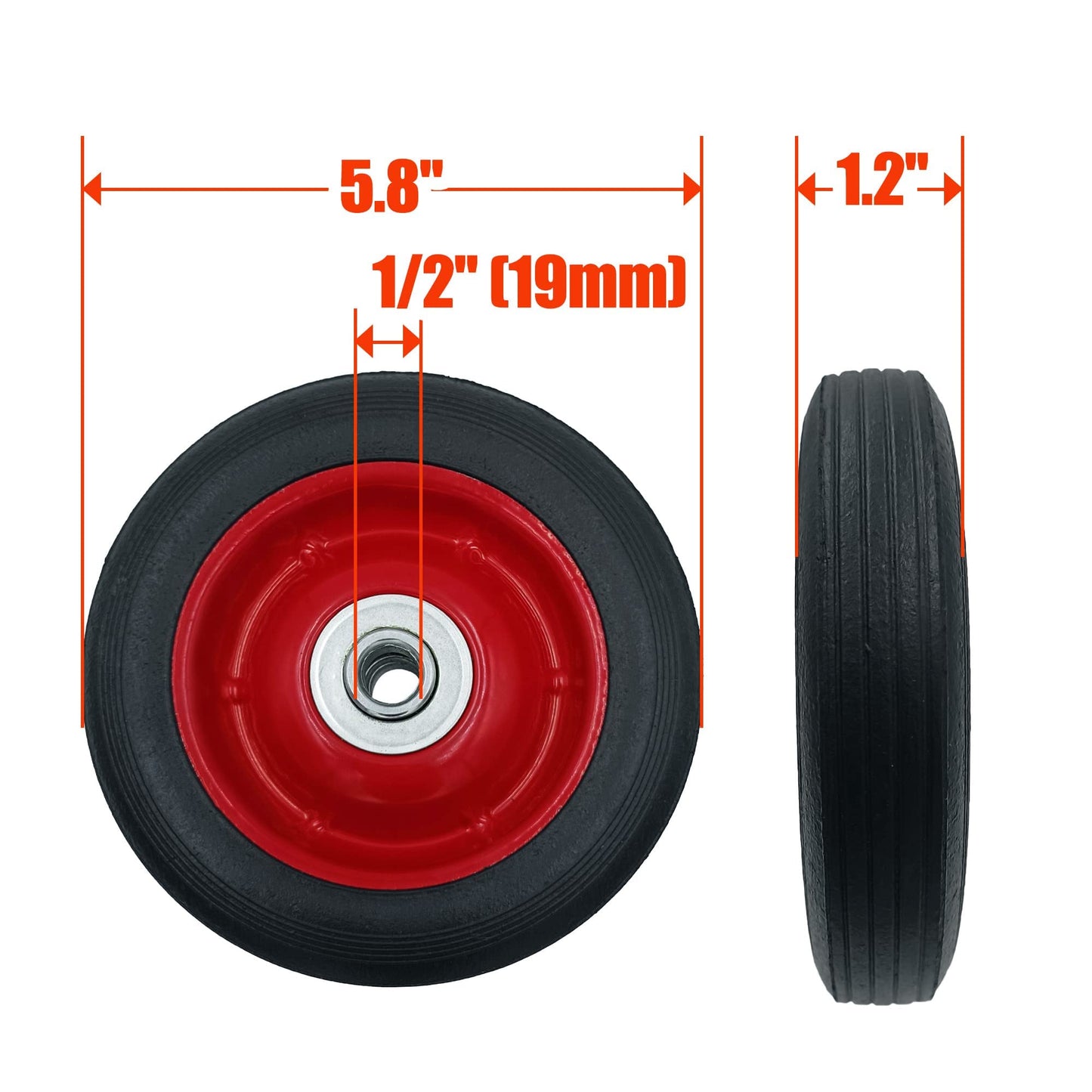 LotFancy 2 Pack 6” x 1.5” Flat Free Hand Truck Wheels, 6 inch Solid Wheels for Dolly Lawnmower, 1/2 in Bore Hole, Max 132 lbs Load Capacity