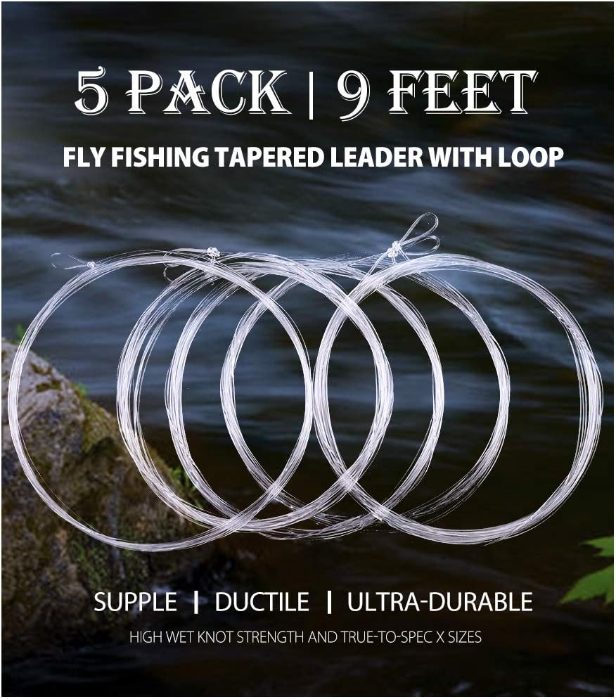 LotFancy 5 Pack Fly Fishing Tapered Leader with Loop - 9FT - 0X to 7X