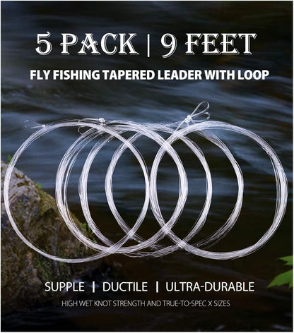 LotFancy 5 Pack Fly Fishing Tapered Leader with Loop - 9FT - 0X to 7X