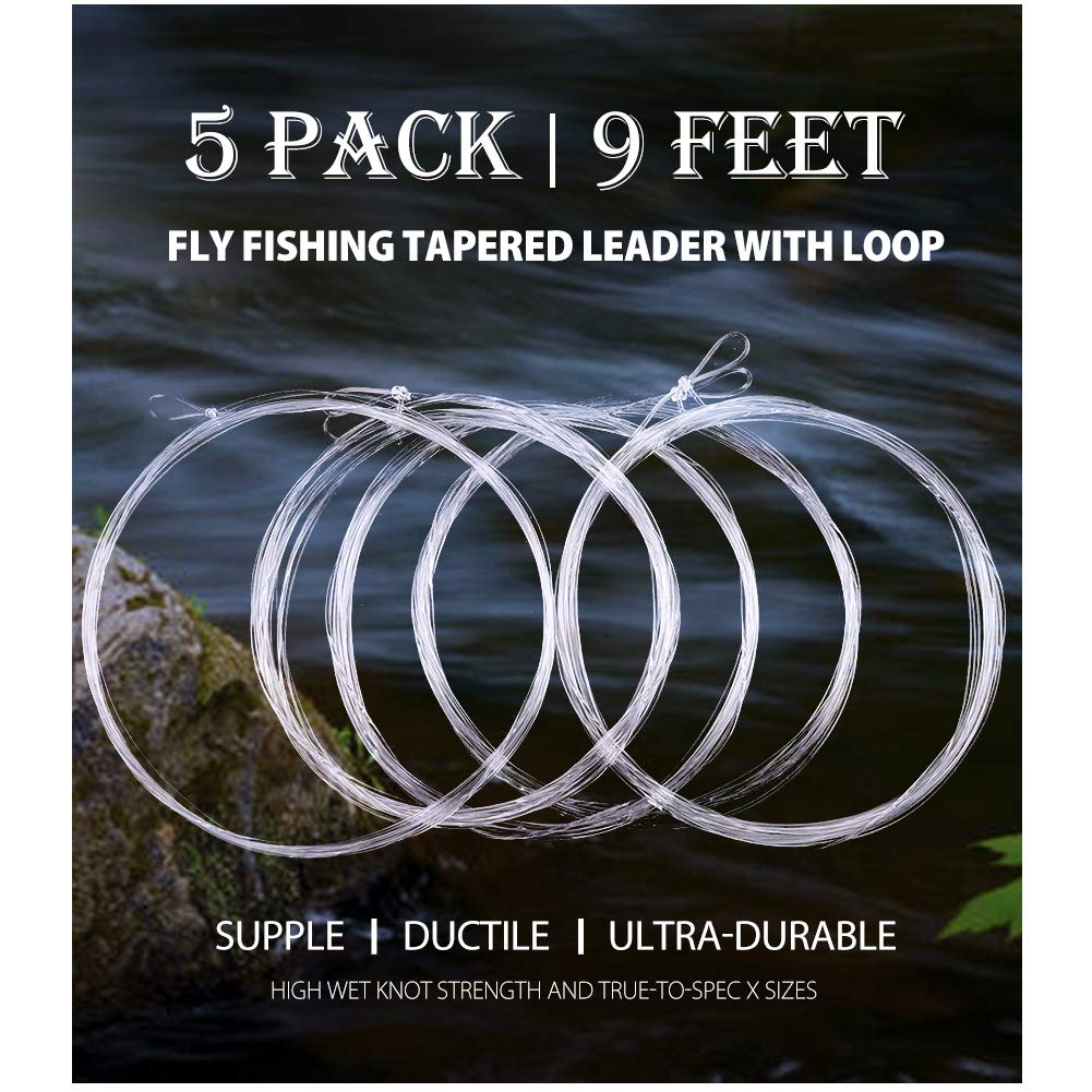 LotFancy 5 Pack Fly Fishing Tapered Leader with Loop - 9FT - 0X to 7X