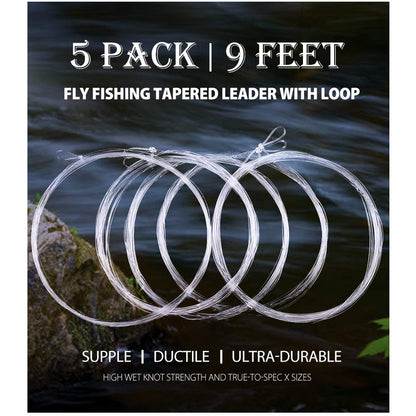 LotFancy 5 Pack Fly Fishing Tapered Leader with Loop - 9FT - 0X to 7X