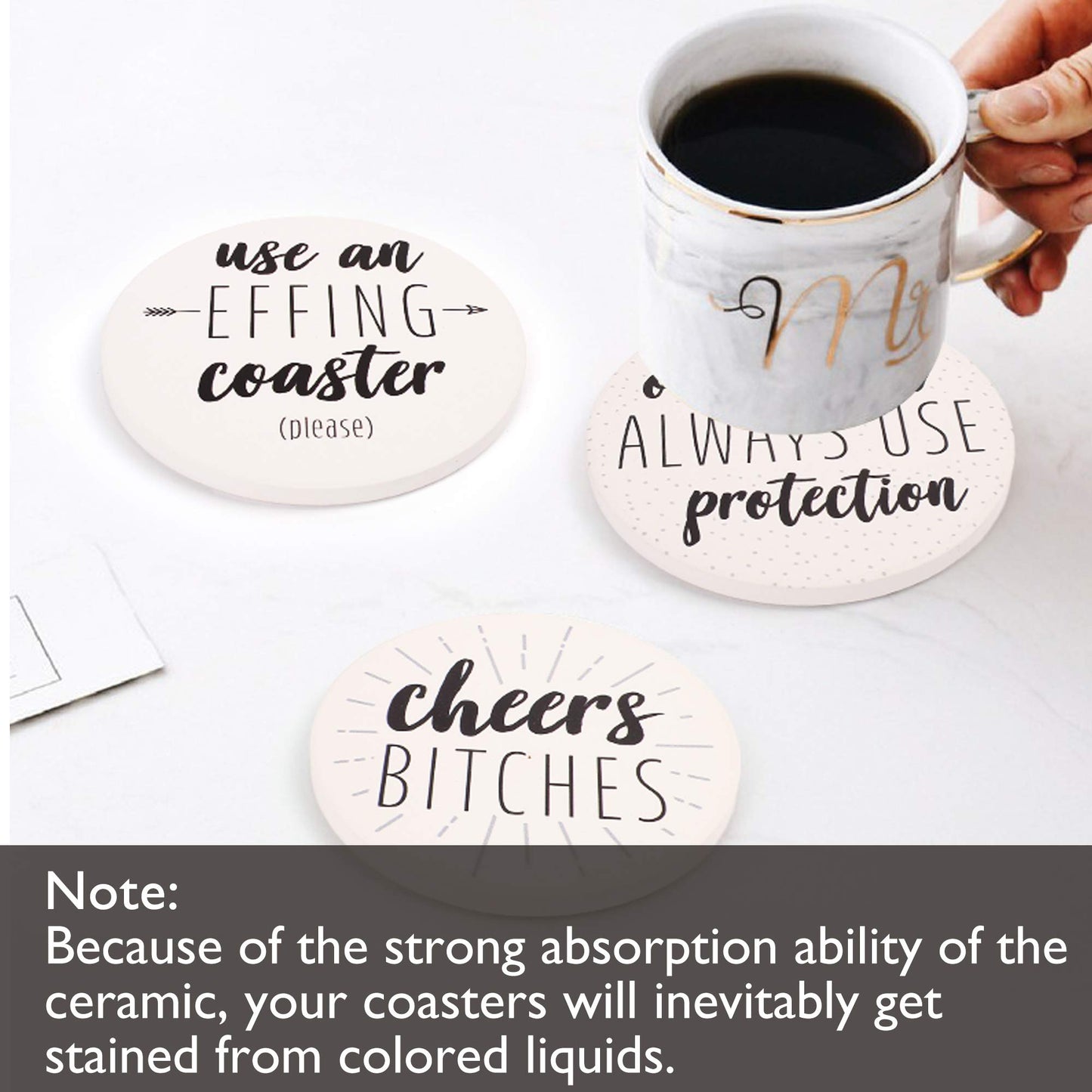 LotFancy Funny Coasters for Drinks Absorbent with Holder, 6PCS Ceramic Coasters with Cork Base