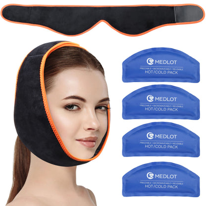 MEDLOT Face Ice Pack Wrap for TMJ, Wisdom Teeth, with 4 Reusable Hot Cold Therapy Gel Packs, Pain Relief for Chin, Head, Oral and Facial Surgery, Dental Implants