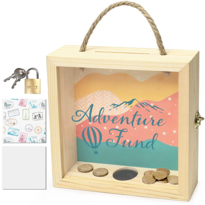 LotFancy Piggy Bank for Kids & Adults, Wooden Adventure Fund Money Bank, 8 x 8 x 2.25 inch, Decorative Shadow Box Saving Bank for Cash Coin Penny Change