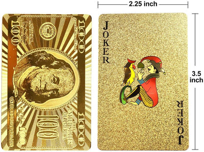 LotFancy Golden Foil Plated Playing Cards, 2 Decks of Cards, Bridge Size Standard Index, for Cards Games, Magic Props, Great Gift (1 Deck Bill Backing and 1 Deck Mosaic Backing)