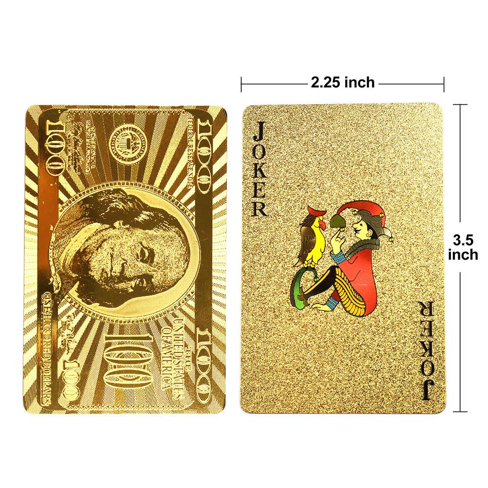 LotFancy Golden Foil Plated Playing Cards, 2 Decks of Cards, Bridge Size Standard Index, for Cards Games, Magic Props, Great Gift (1 Deck Bill Backing and 1 Deck Mosaic Backing)