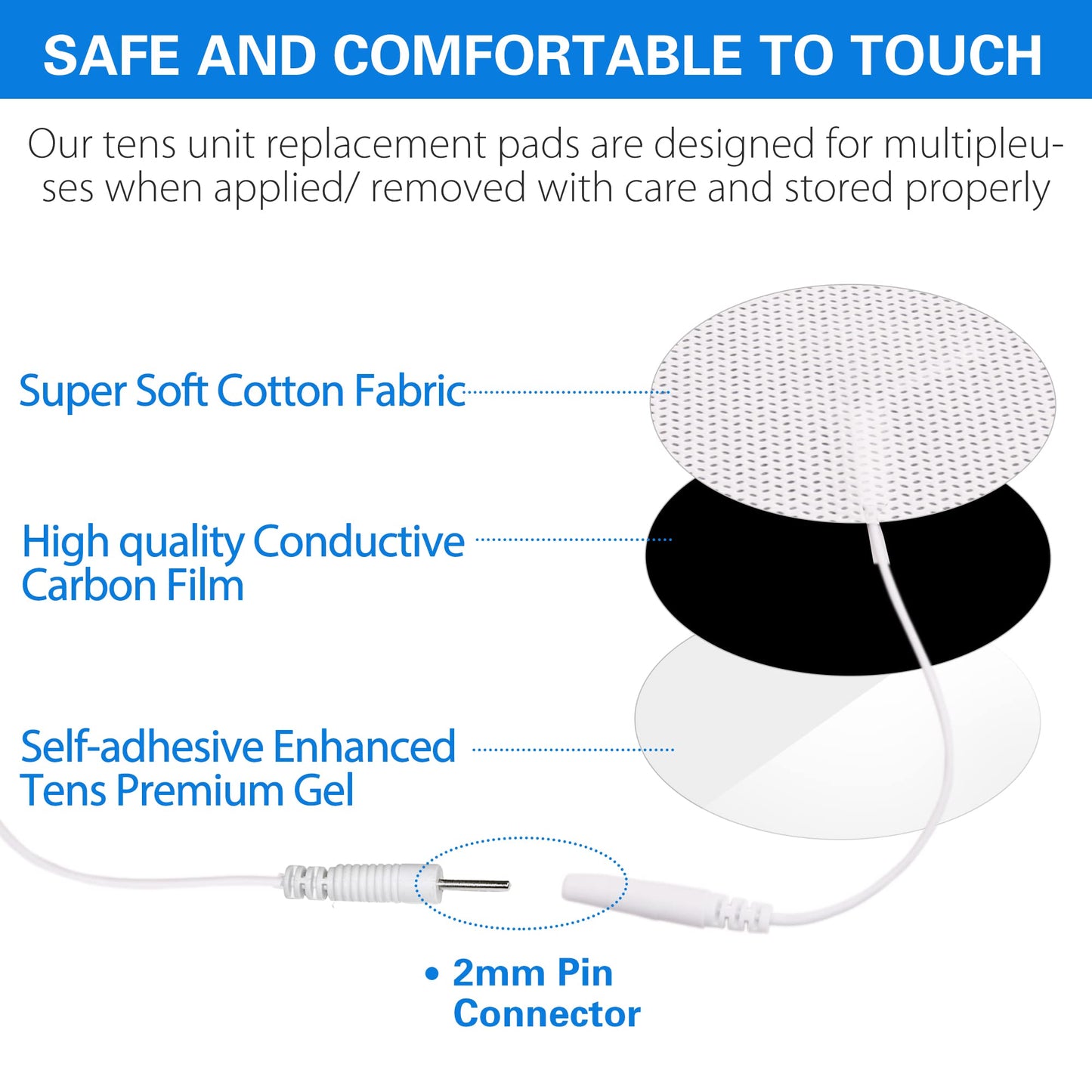 TENS Unit Pads, 40PCS Round Electrodes Pads, 1.25" Reusable Carbon Electrotherapy Pads for EMS Muscle Stimulator, with 2.0 mm Pigtail Connectors