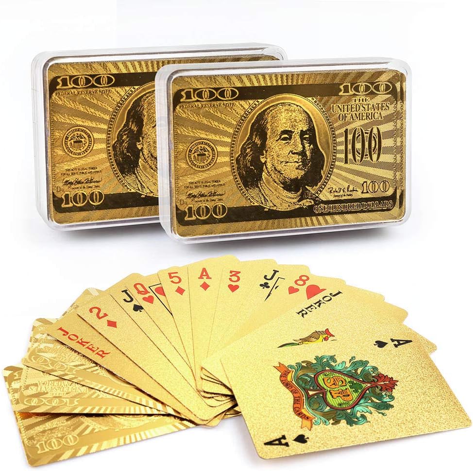 LotFancy Golden Foil Plated Playing Cards, 2 Decks of Cards, Bridge Size Standard Index, for Cards Games, Magic Props, Great Gift (1 Deck Bill Backing and 1 Deck Mosaic Backing)