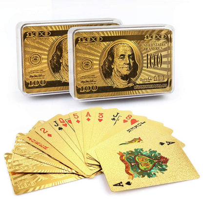 LotFancy Golden Foil Plated Playing Cards, 2 Decks of Cards, Bridge Size Standard Index, for Cards Games, Magic Props, Great Gift (1 Deck Bill Backing and 1 Deck Mosaic Backing)