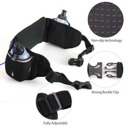 LotFancy Running Belt with Bottle Holder, Hydration Belt for Women Men, Fuel Marathon Waist Pouch for Runners, Reflective Fanny Pack for Any Phone Size