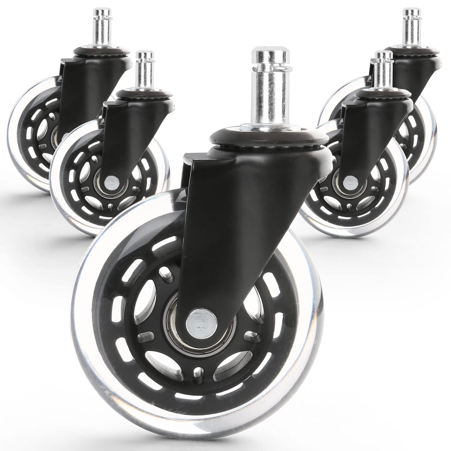 LotFancy Office Chair Wheels, Replacement Chair Caster Wheels for Hardwood Floors and Carpet, Set of 5, 3 inch, Heavy Duty, Noise Free, Rubber Wheels, Universal Fit
