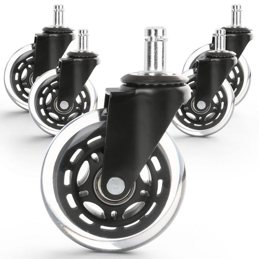 LotFancy Office Chair Wheels, Replacement Chair Caster Wheels for Hardwood Floors and Carpet, Set of 5, 3 inch, Heavy Duty, Noise Free, Rubber Wheels, Universal Fit