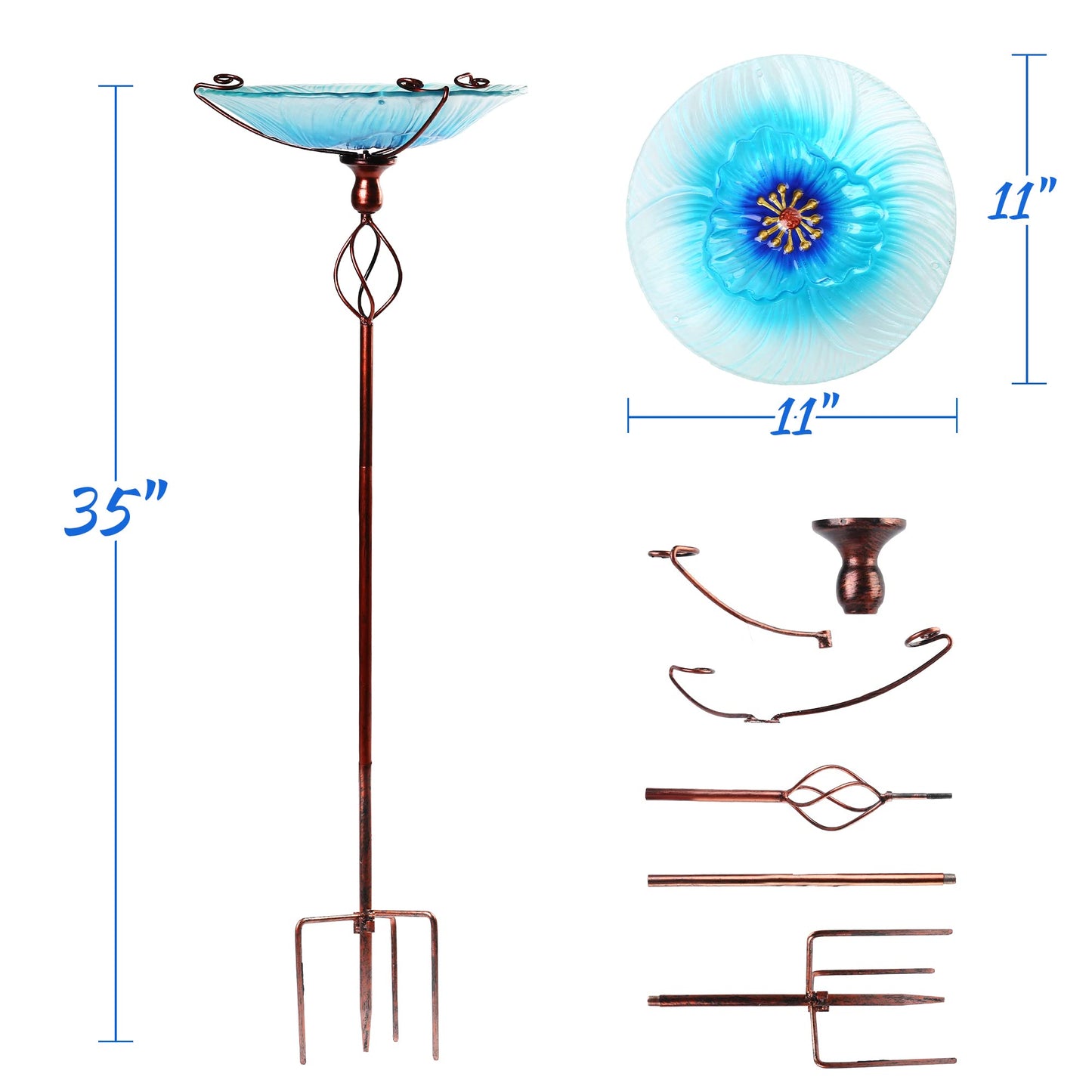 LotFancy Glass Bird Bath, 35” Height Birdbaths for Outdoor Garden Clearance, with Metal Stake, Blue Flower