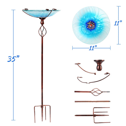 LotFancy Glass Bird Bath, 35” Height Birdbaths for Outdoor Garden Clearance, with Metal Stake, Blue Flower