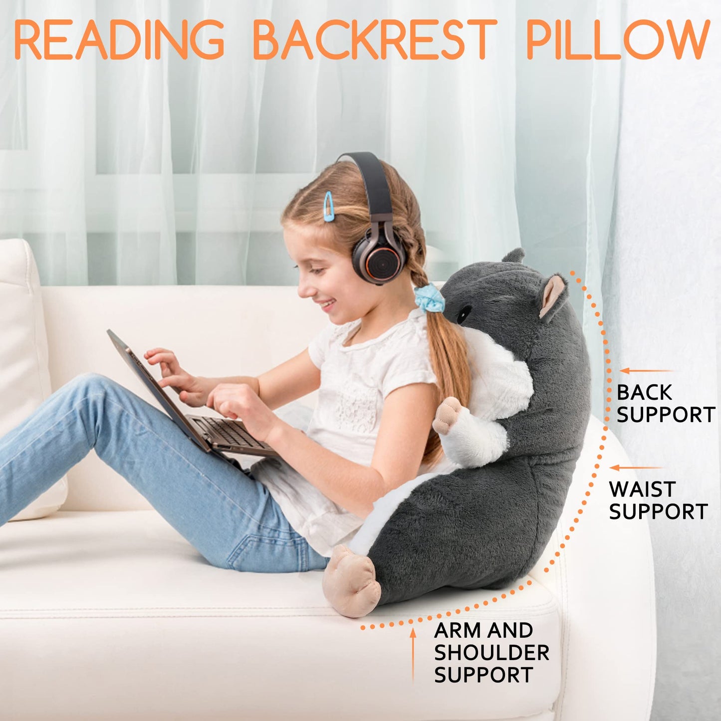 BenBen Reading Pillow for Kids Teens Adults, Bed Pillow for Sitting up in Bed, Backrest Pillow with Arms, Soft Plush Bed Rest Pillow PMT